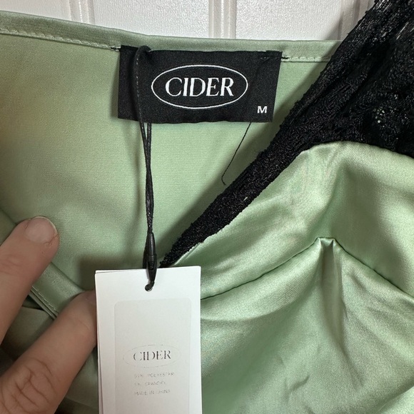 Cider Light Green with Black‎ Lace Shoulder Straps Slip Dress Side Rouching SZ M - Picture 4 of 6